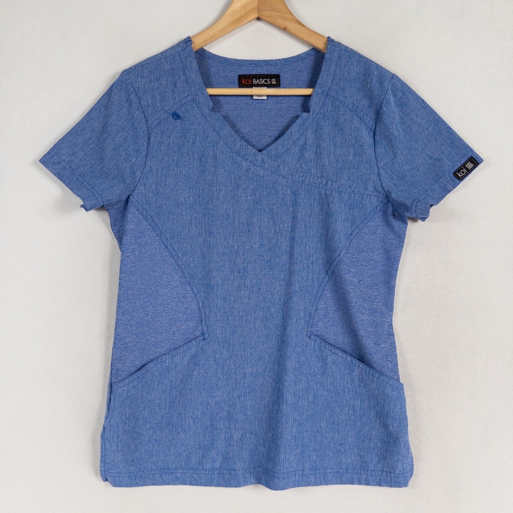 Koi Basics Scrub Top Sz Small Blue Heather V Neck Short Sleeve Polyester Spandex
